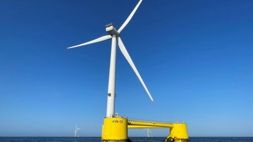 Floating wind turbine positioned offshore in deep water