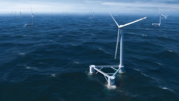Floating offshore wind turbine on platform operating at sea