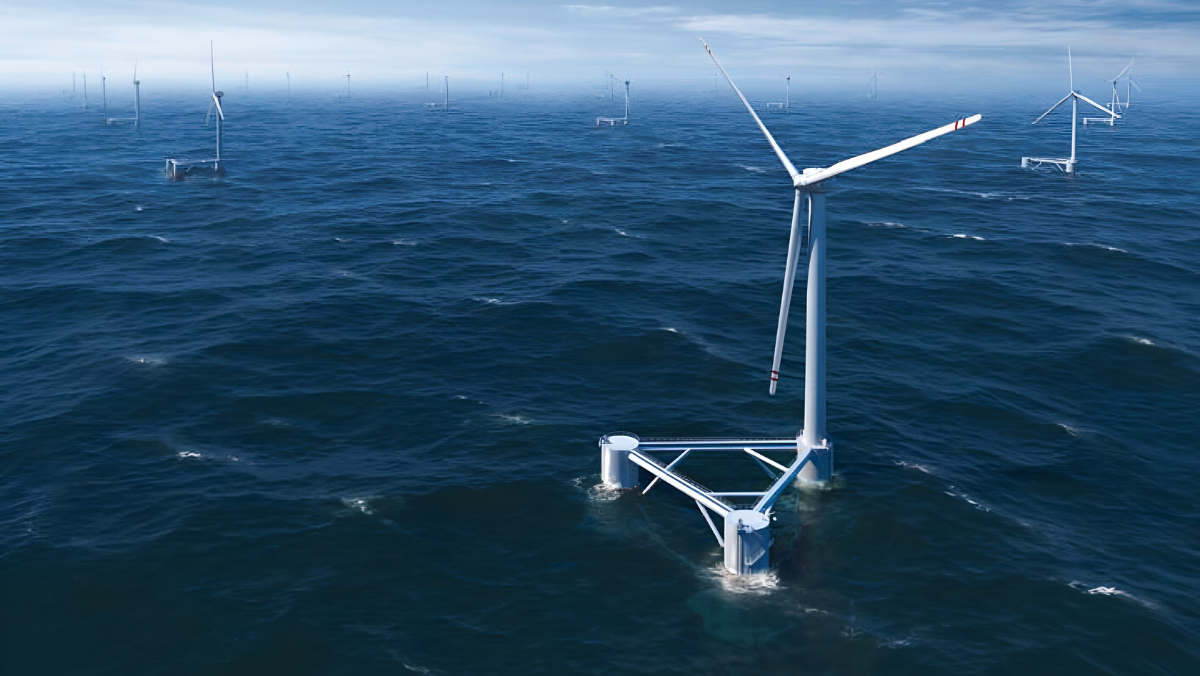 Floating offshore wind turbine on platform operating at sea