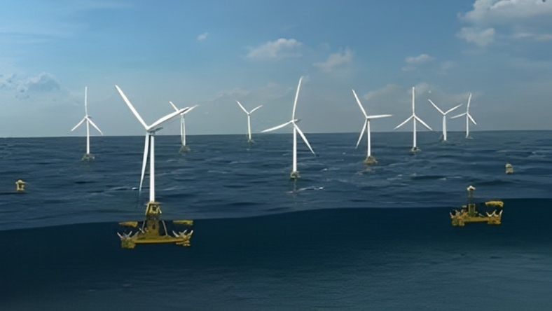 Offshore floating wind turbines demonstrating wake interaction in open water