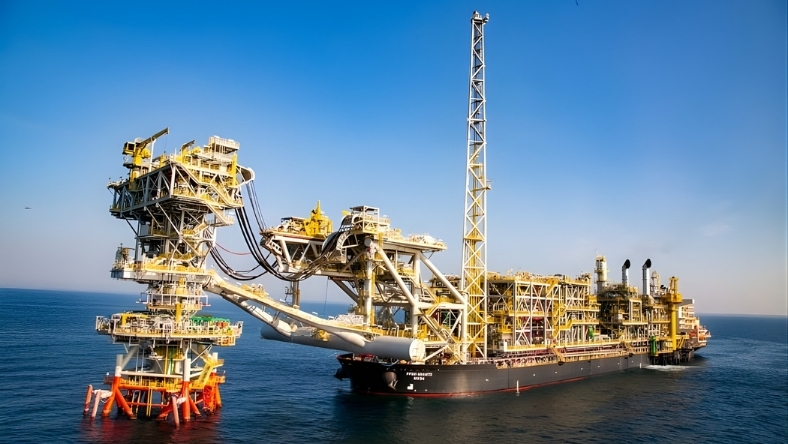 Floating production vessel with offshore mooring structure at sea