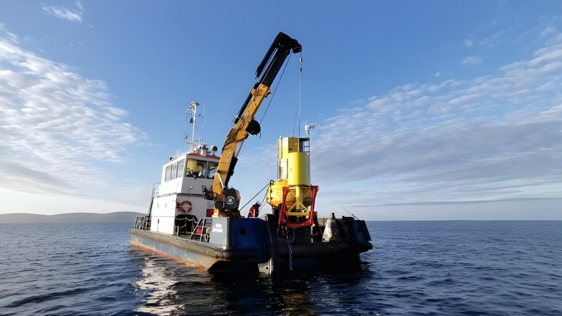 Offshore crane vessel deploying mooring system component
