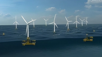 Offshore floating wind turbines demonstrating wake interaction in open water