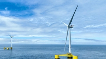 Floating offshore wind turbines on yellow semi-submersible platforms at sea