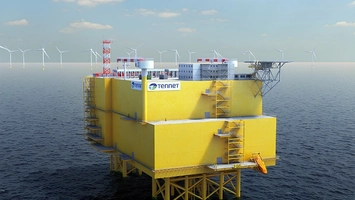 Offshore wind platform with yellow structure surrounded by multiple floating wind turbines at sea